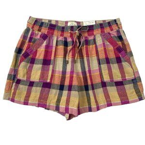 St Johns Bay Pull On Mid Rise Shorts Womens size Large Elastic Waist Linen Plaid